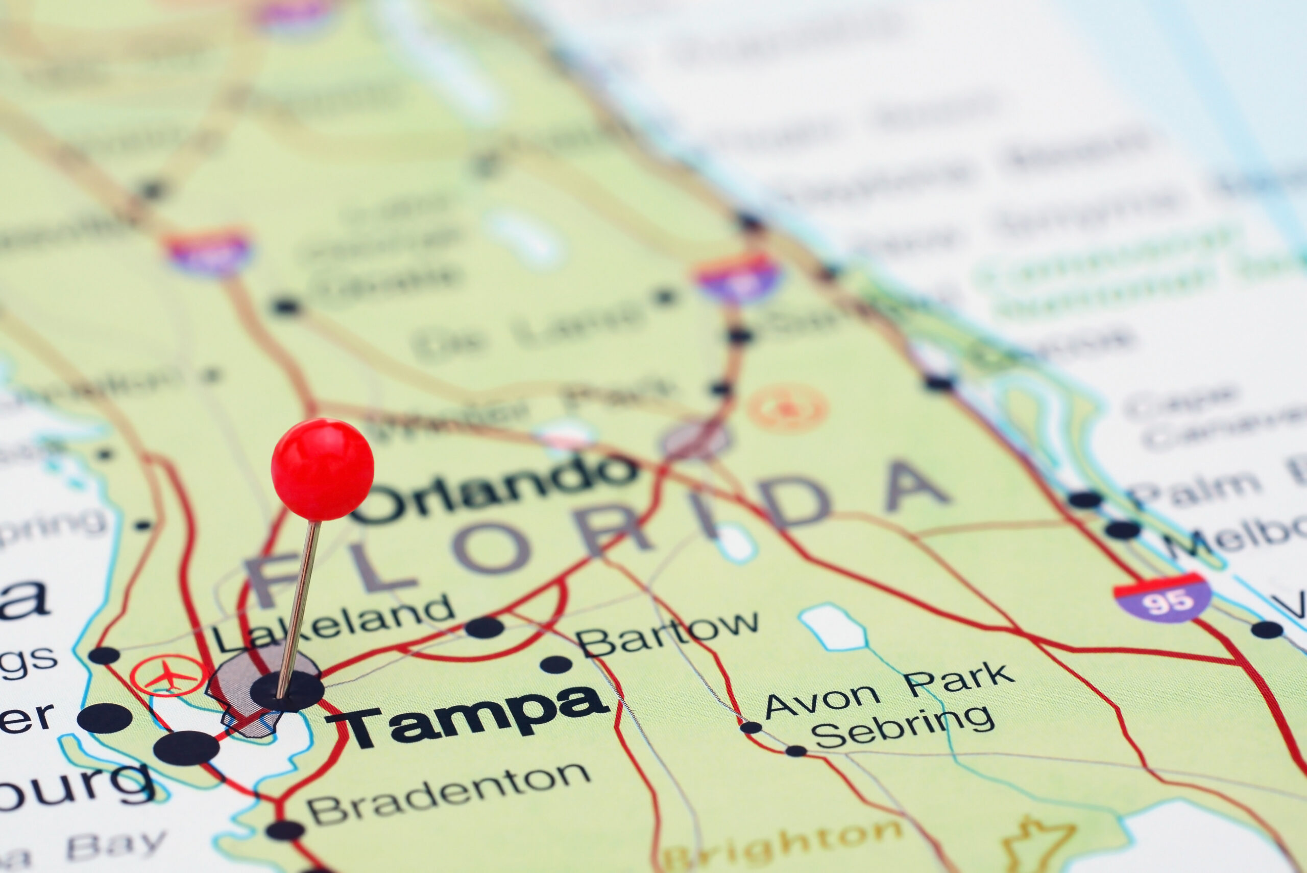 A map of florida with the pin pointing to tampa.